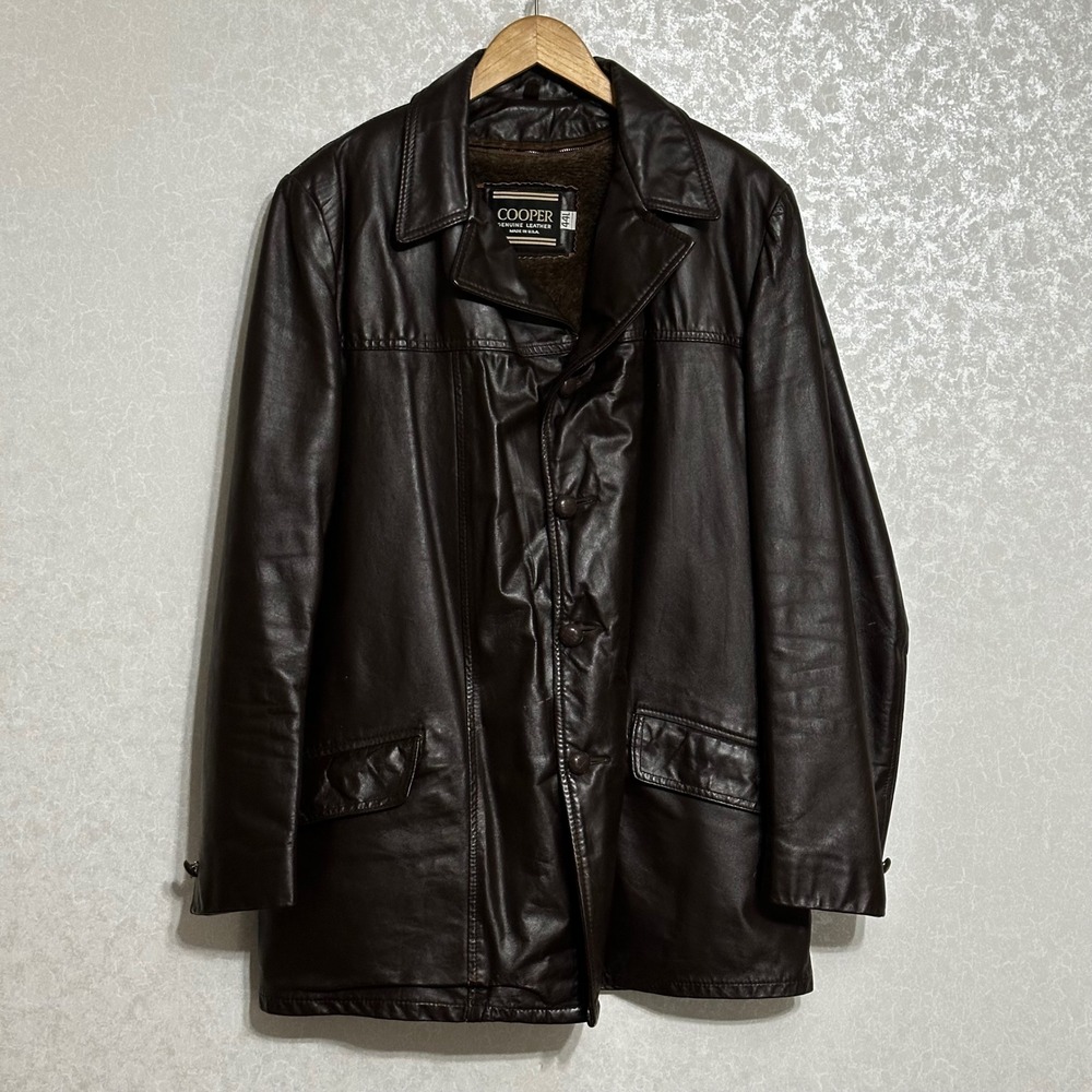 VTG Cooper Brown Leather Car Coat Jacket Made in USA Zip Out Faux Fur Liner 44 L